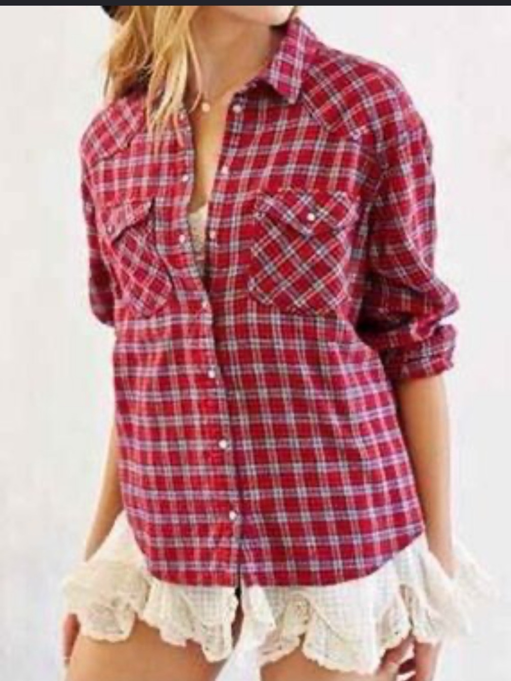 Urban outfitters BDG  XS Red flannel Plaid Button-Up Shirt with Lace boho Hem 🕰️